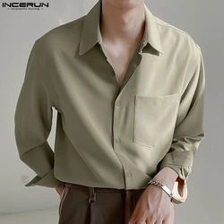 Men Casual Shirt Solid Color Lapel Long Sleeve Streetwear Pockets 2024 Fashion Camisas Loose Leisure Men Clothing S-5XL INCERUN