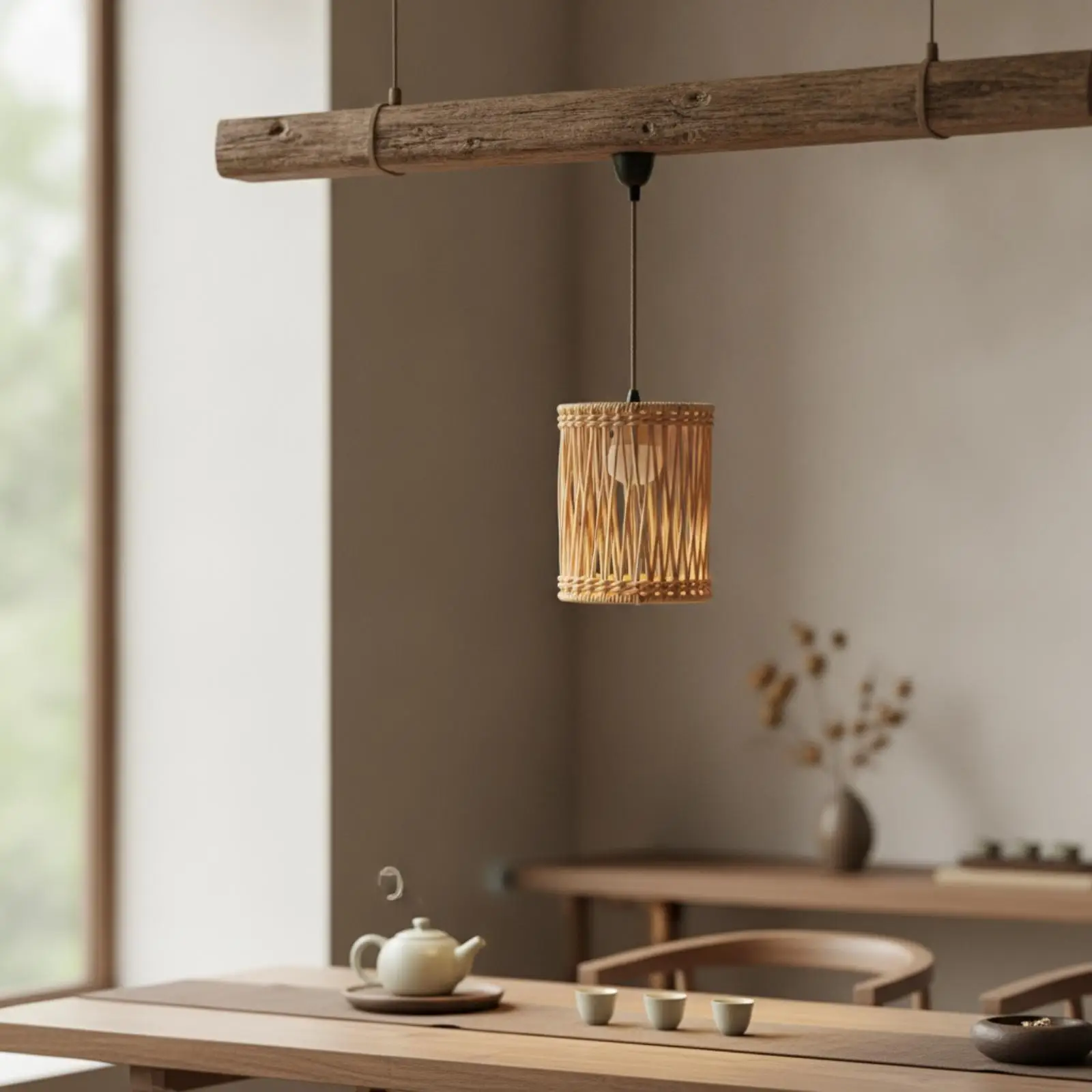 White Metal Pendant Lamp Screen Replacement Rattan Woven Lampshade for Bedroom Decor