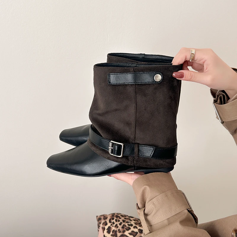 French-style Patchwork Pant-leg Slouch Boots for Women,2026 Autumn and Winter New Belt Buckle Square-toe Ankle Boots, Slim Boots