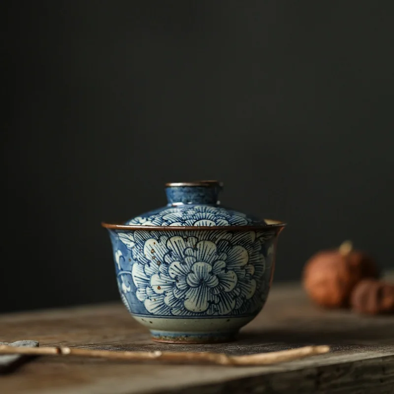 Blue and White Stoneware Blossoming Peony for Happiness Two Cai Tureen Handmade and Hand-Painted Retro Style Kung Fu Tea Set Tea