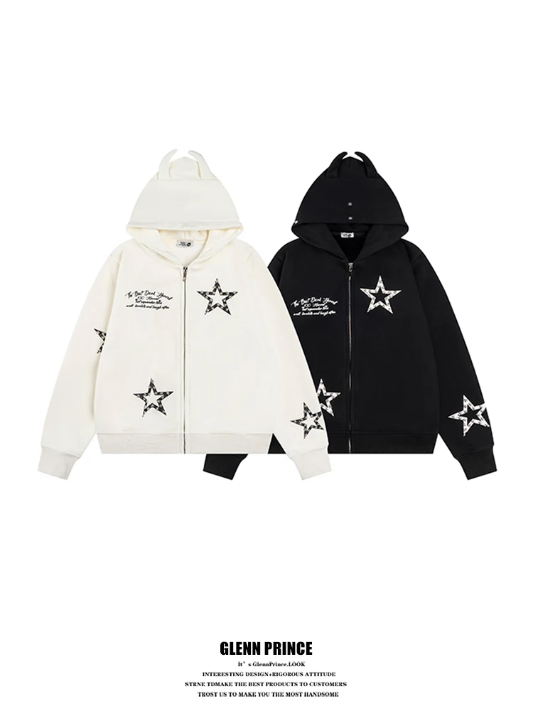 GPstudio American Retro Star Deer Horn Fur Collar Hooded Cardigan Women's Autumn Winter Design Sense Jaet Fce Lined Long...