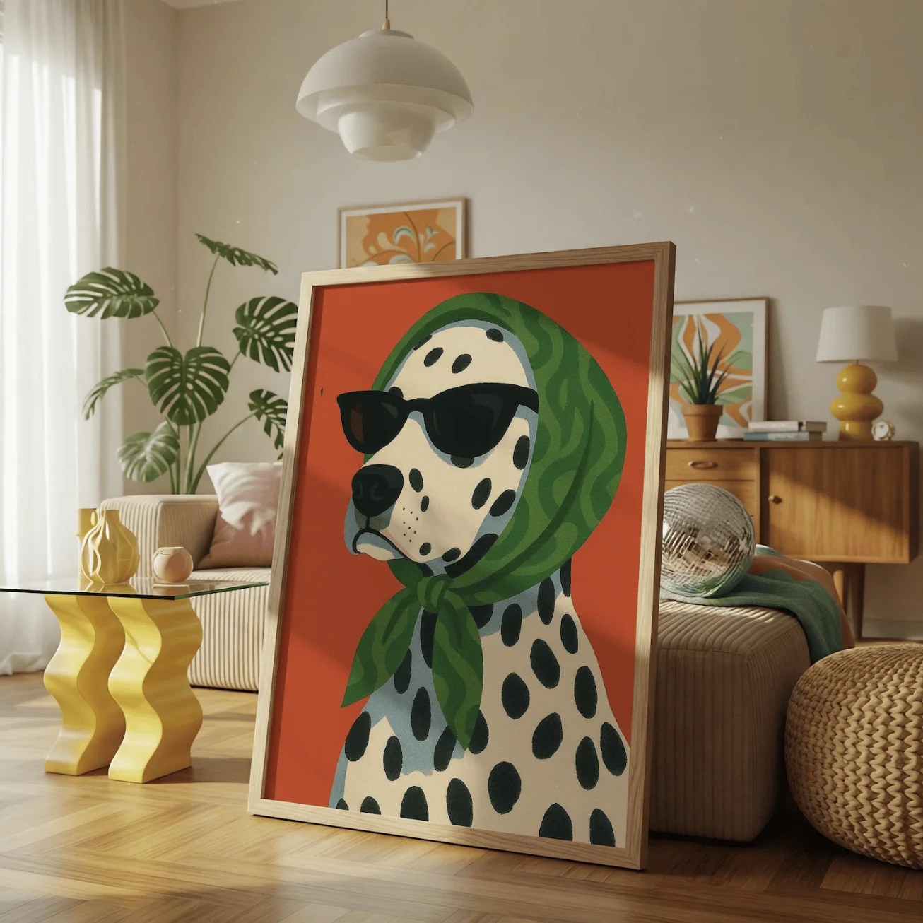 Funny Fashion Dalmatian Canvas Wall Art Print, Trendy Dog Sunglasses Headscarf Poster Decor for Bedroom Living Room Kids Room