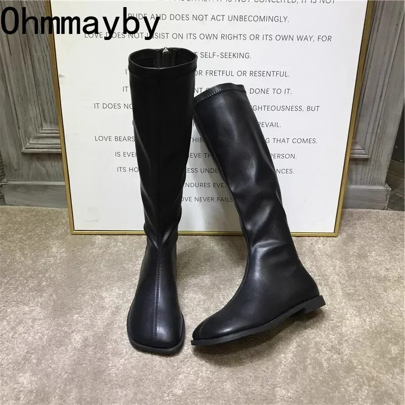Street Style Stretch Women Knee High Boots Fashion Elegant Square Toe Shoes Women\'s Modern Flats Long Booties