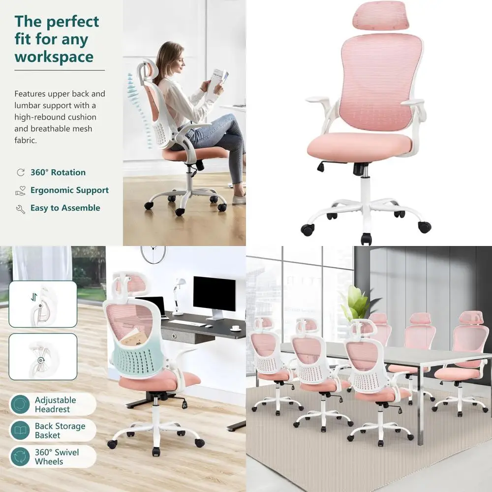 

Pink High-Back Mesh Office Chair with Adjustable Lumbar Support, Headrest, Flip-Up Arms, 360° Swivel, Ideal for Study