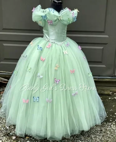 Butterfly green Flower Girl Dress For Wedding Off Shoulder Princess Dress Kids Pageant Dress Children Birthday Long Ball Gown