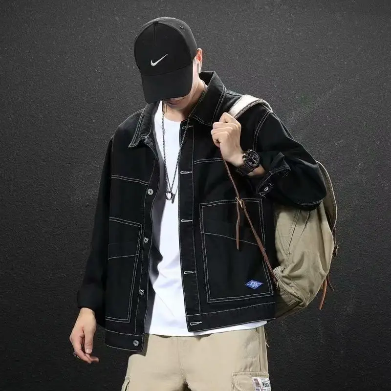 

2025 New Men's Black Denim Jacket Oversized Zip Up Casual Coat Streetwear Korean Style Workwear Cargo Jacket