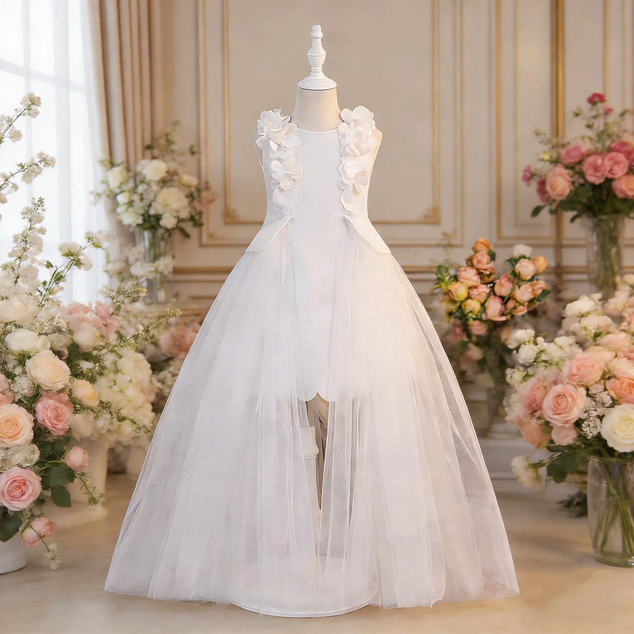 Girls' princess dress white wedding dress floral train air layer wedding season flower girl piano puffy skirt runway show gown