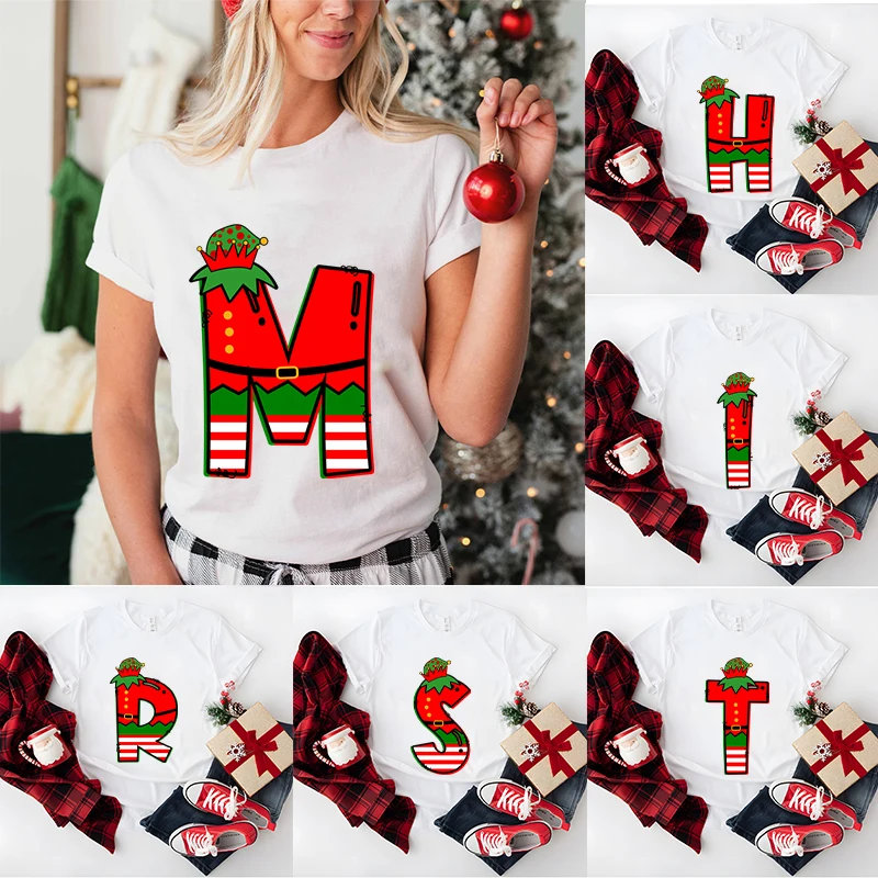 26 A~Z Alphabet Christmas T-shirt Graphic T Shirts Funny Christmas Party Tshirts Tops Oversize T-shirt Fashion Harajuku T-shirts