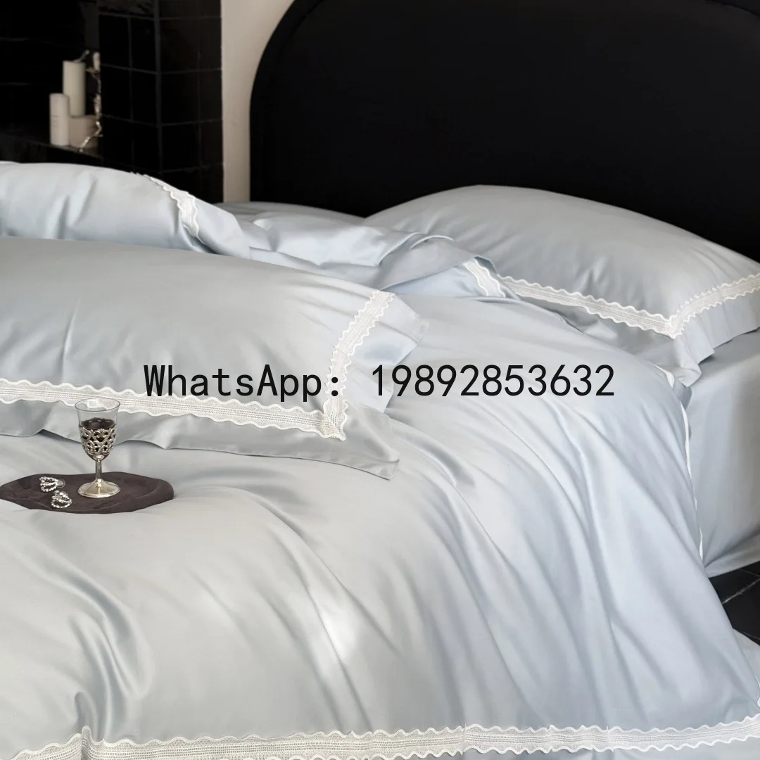P25 Italian minimalist solid color 120 long-staple cotton four-piece cotton lace edge quilt cover 5