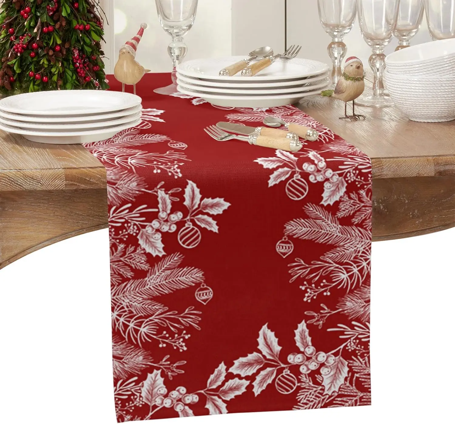 Christmas Pine Needles Leaves Berry Red Linen Table Runner Party Decor Winter Xmas Kitchen Dining Table Runners Christmas Decor