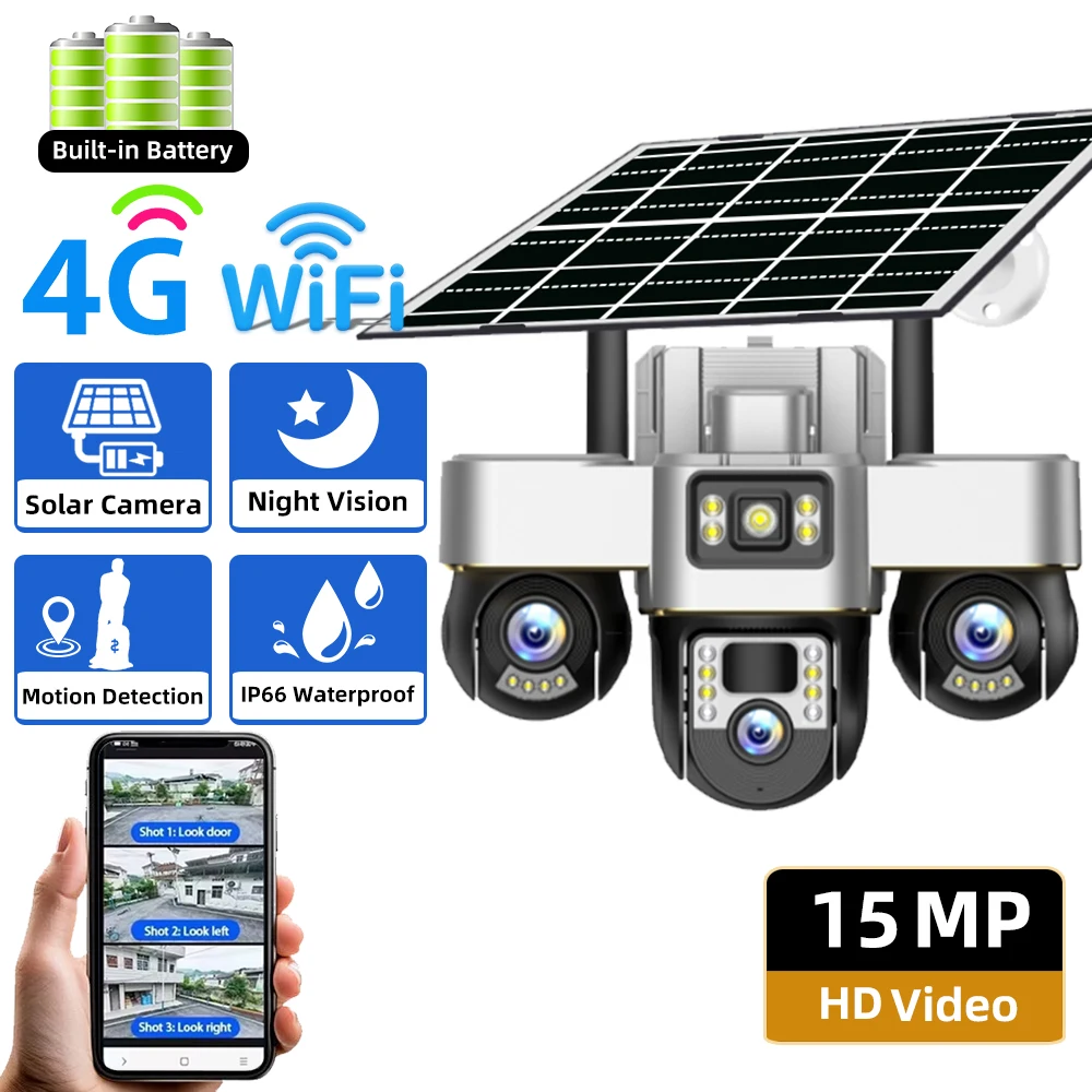 

V380 Solar Camera Outdoor Security Surveillance CCTV 15MP 3 Lens 3 Screens PTZ 4G SIM Solar Panel Cameras IP66 Weatherproof Sola