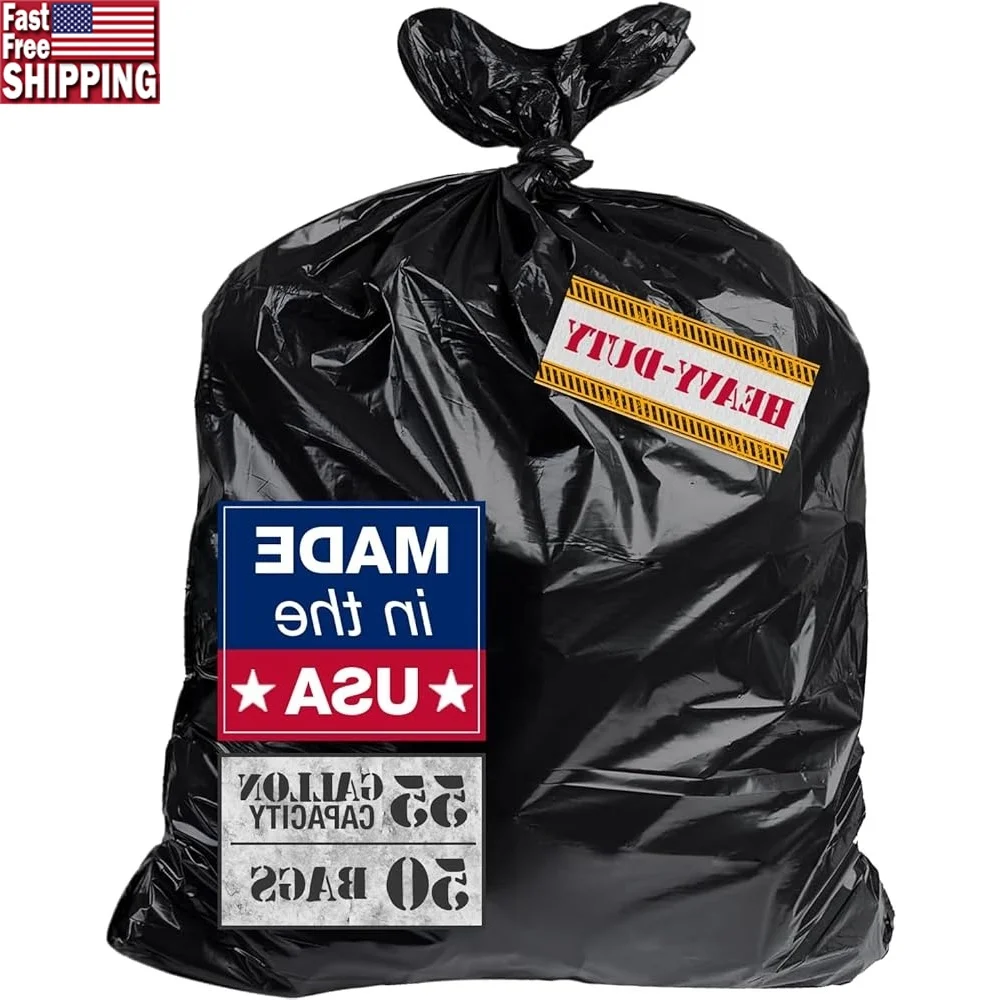 

Сверхмощные черные мешки для мусора для подрядчика, 55 галлонов, упаковка из 50 шт., прочные, герметичные, устойчивые к проколам, гибкие