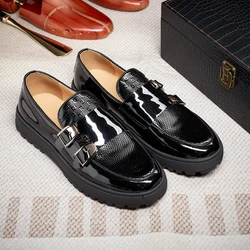 Genuine Leather Casual Men's Shoes High-end Handmade Comfortable Leather Shoes Round Toe Metal Buckle Loafers Party Dress Shoes