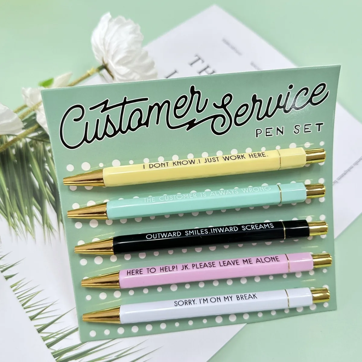 A Set of 5 Humorous Ballpoint Pens with A Theme Centered Around Customer Service, Perfect for Painting, Diary Keeping
