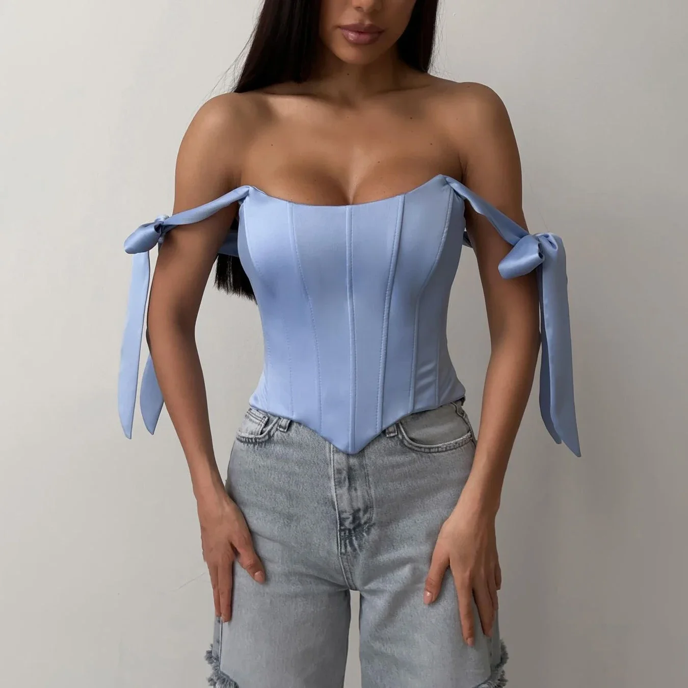 

2025 Fashion Streetwear Bandage Corset Top Women Elegant Solid Satin Kawaii Backless Zipper Slim Crop Top Fashion Summer Clothes