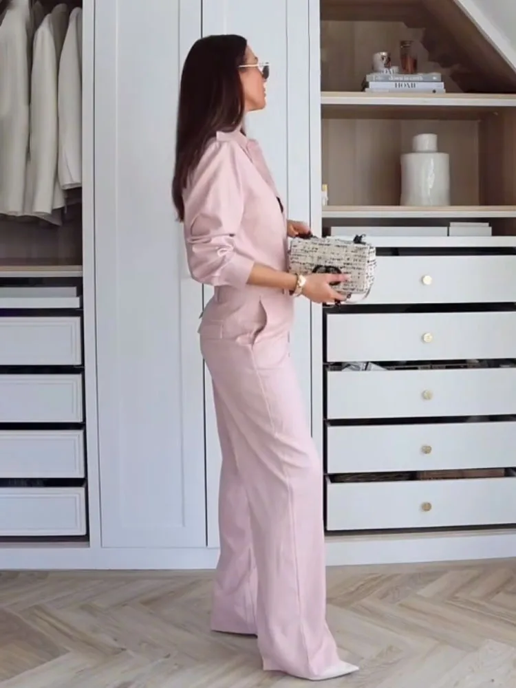 TRAFZA Abito alla moda da donna Rosa Colletto rovesciato Manica lunga Camicie monopetto + Pantaloni lunghi a vita alta Set primaverili femminili