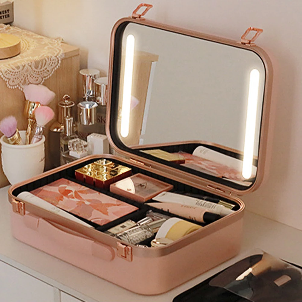 2023 New Smart LED Makeup Bag With Mirror Large Capacity Compartments Waterproof PU Leather Travel Cosmetic Case For Women