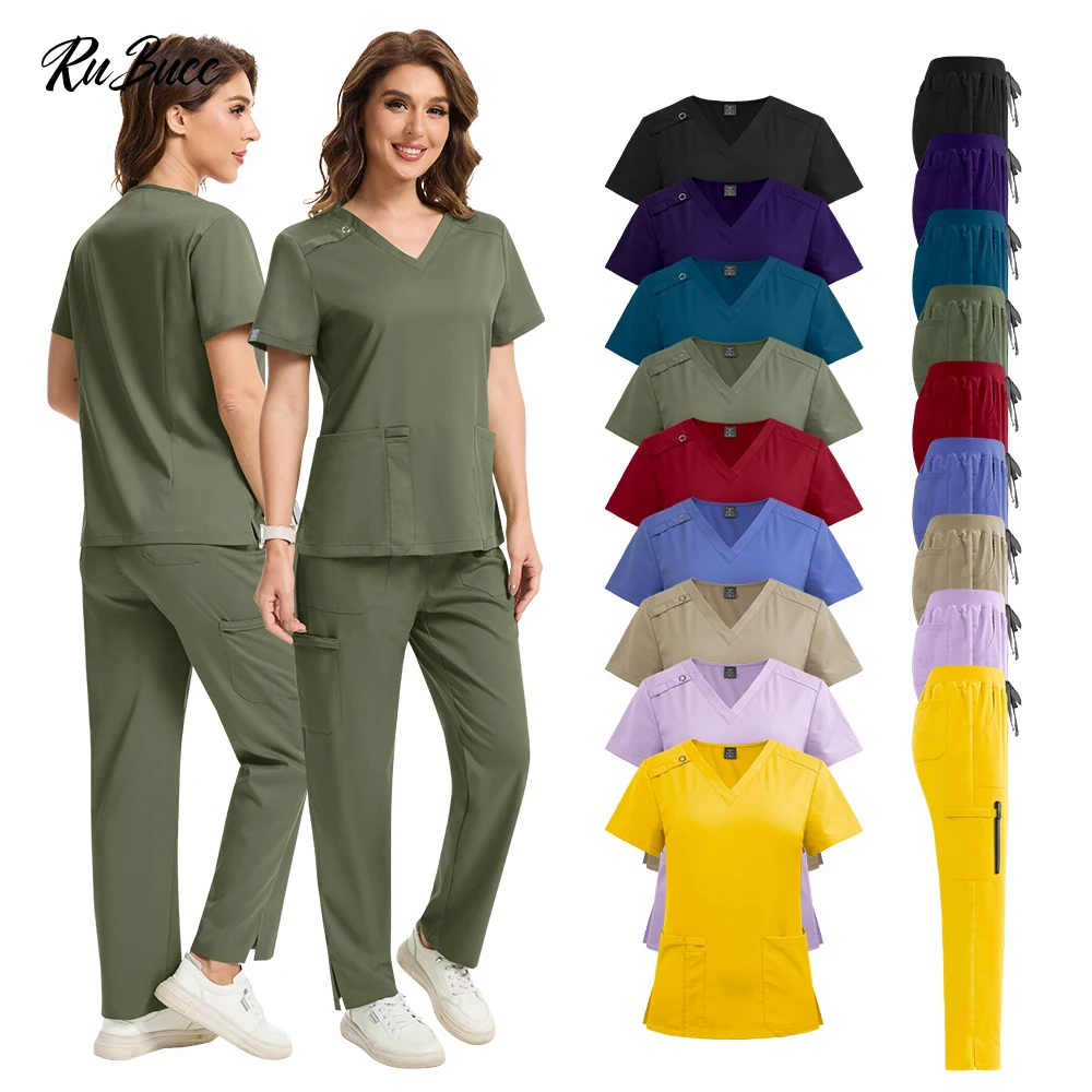 Roupa de trabalho cirúrgica uniformes de spa clínica dentária esfrega topos calças ternos uniformes de enfermeira médica feminino trabalho uniforme de enfermagem esfrega conjunto