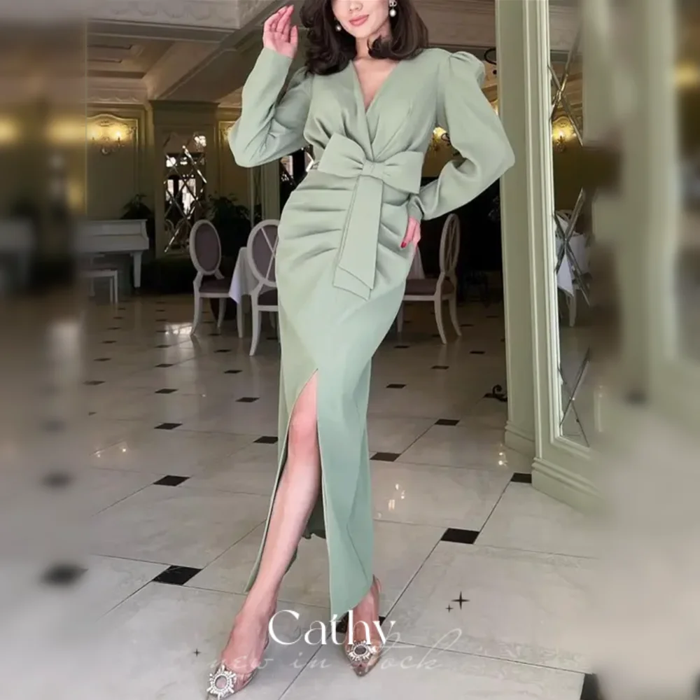 

Cathy Elegant فساتين السهرة Long Sleeve Prom Dress 2023 Bow On Chest Party Dresses Sexy Mermaid Knee Lenght Vestidos De Noche