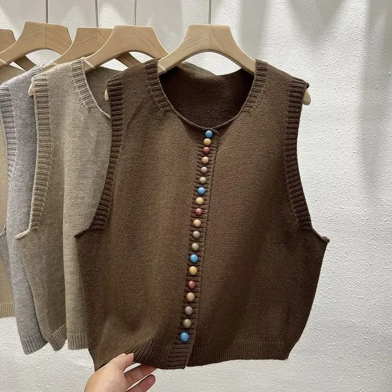 

Colorful Button Knitted Vests Women Sleeveless Sweater Coat Design Waistcoat Tank Tops Trends Layering Wear Tops Fall Vests New