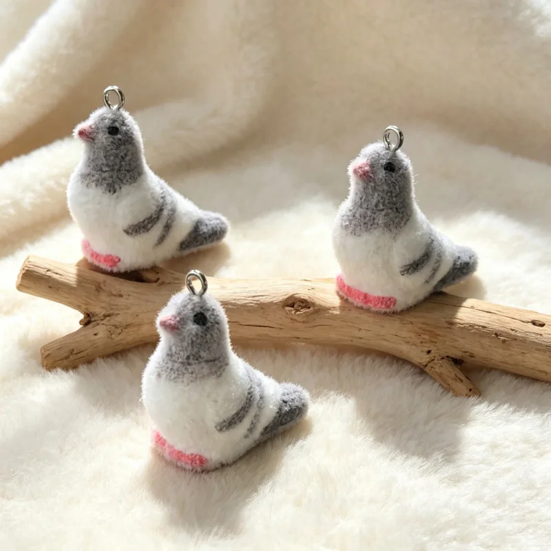 6Pcs Flocked Resin Simulation Cute Pigeon Pendants Fluffy Animal Charms DIY Jewelry Accessories for Earrings Necklace Keychain image 2