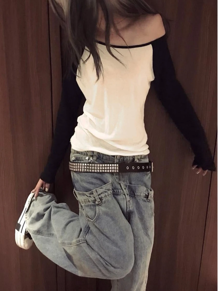 Herbst Damen Schwarz-Weiß Kontrast Off-Shoulder Tops Lange Raglanärmel Schlanke T-Shirts Y2K Ästhetik Lässige Streetwear Basic Bluse – Detail 10