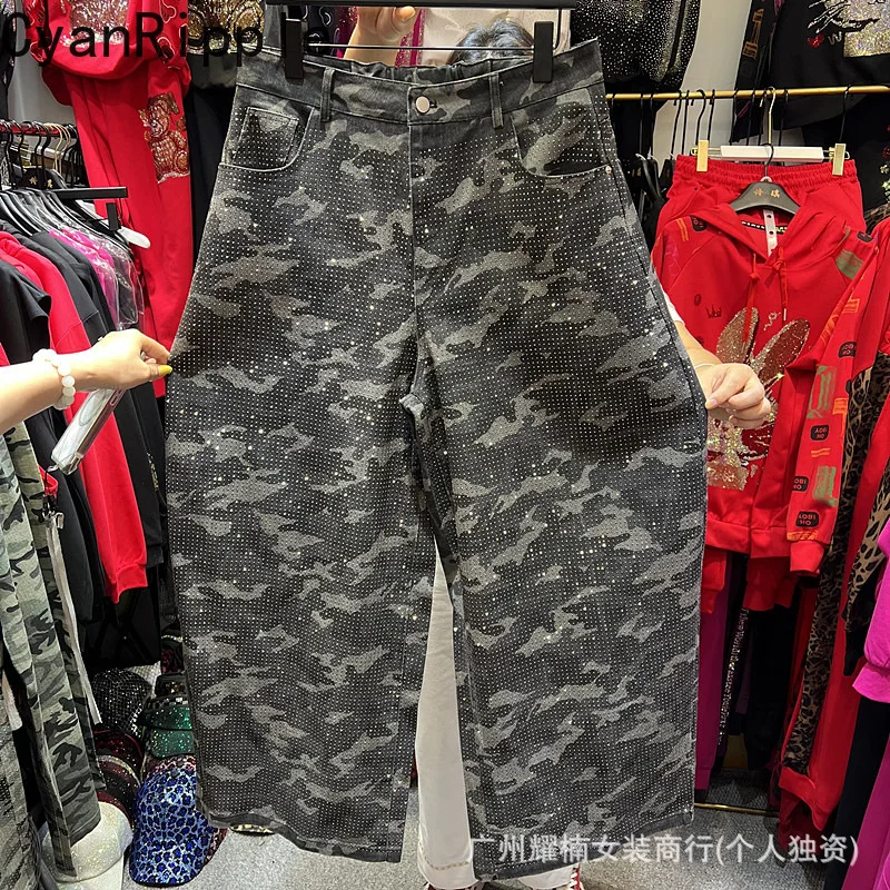 American Vintage Hot Diamonds Camouflage Cargo Jeans All-match New Spring Autumn Wide Leg Handsome Women Loose Denim Pants