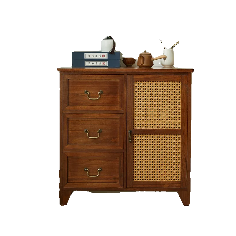 New Chinese-style dining side cabinet, solid wood bucket cabinet, rattan weaving, living room side tea