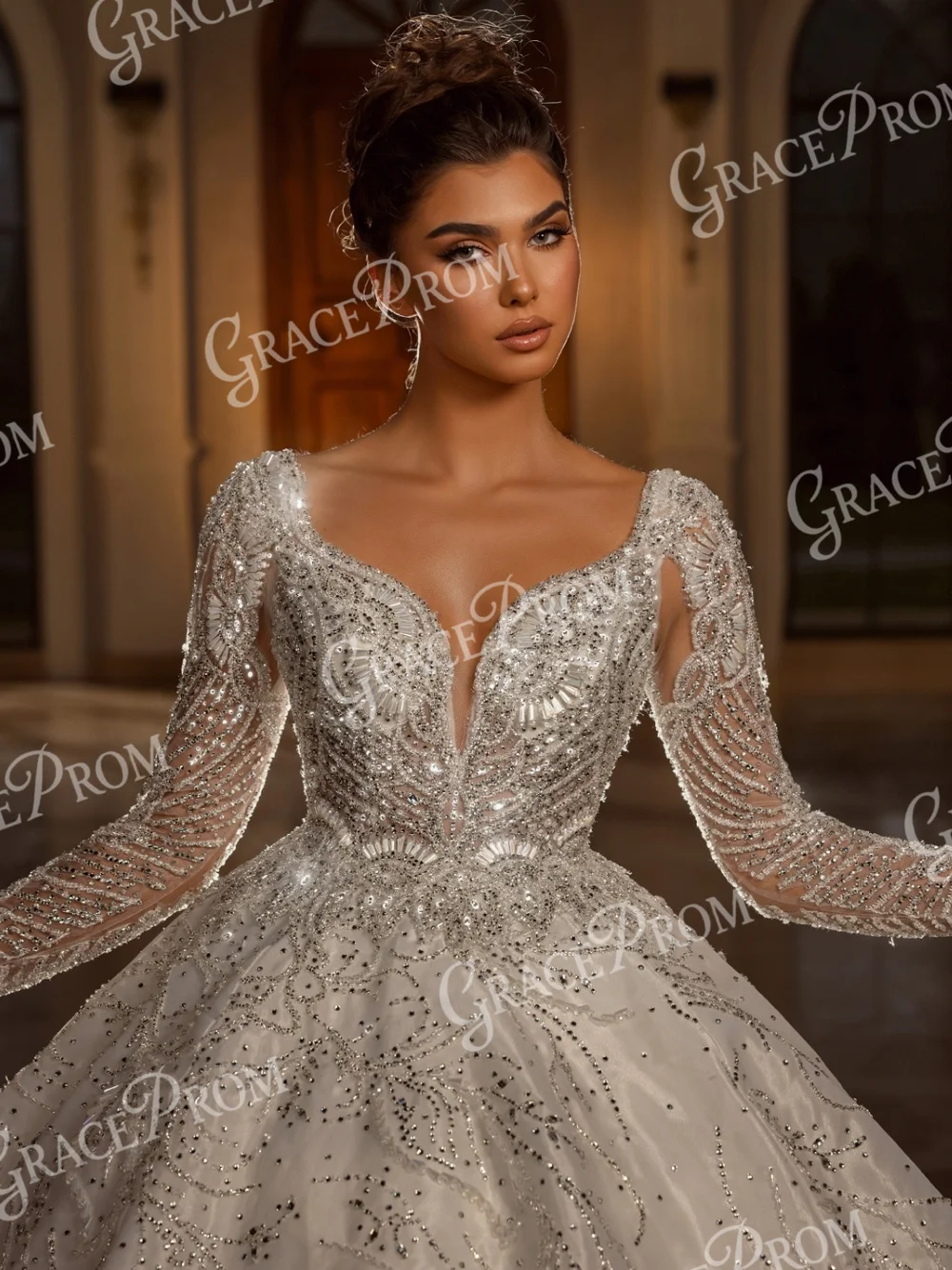 

High-End Couture Luxury Sparkle Wedding Dress Long Sleeved Low Back Beaded Bridal Gown With Dramatic Train For Formal Weddings