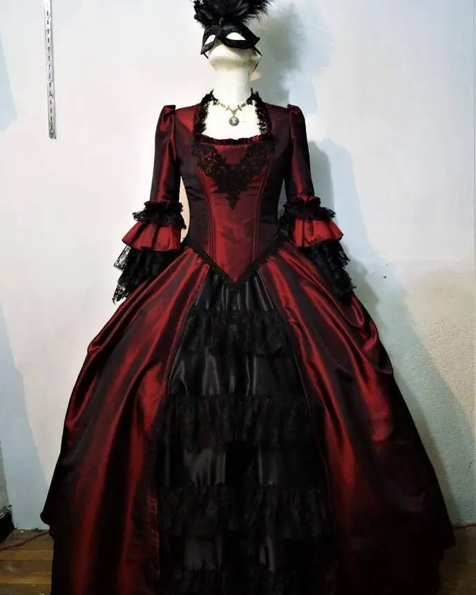 Black Wine Gothic Mexico Halloween Evening Dresses Fairy Long Sleeve Lace Stain Ruched Victorian Costume Bustle Prom Gown