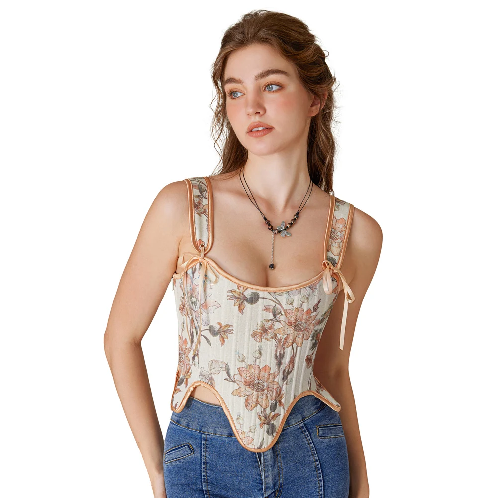 SD Women Vest Vintage Renaissance Floral Printed Elegant Lace-Up Corset Square Neck Irregular Hem Body Shape Slim Corset Top