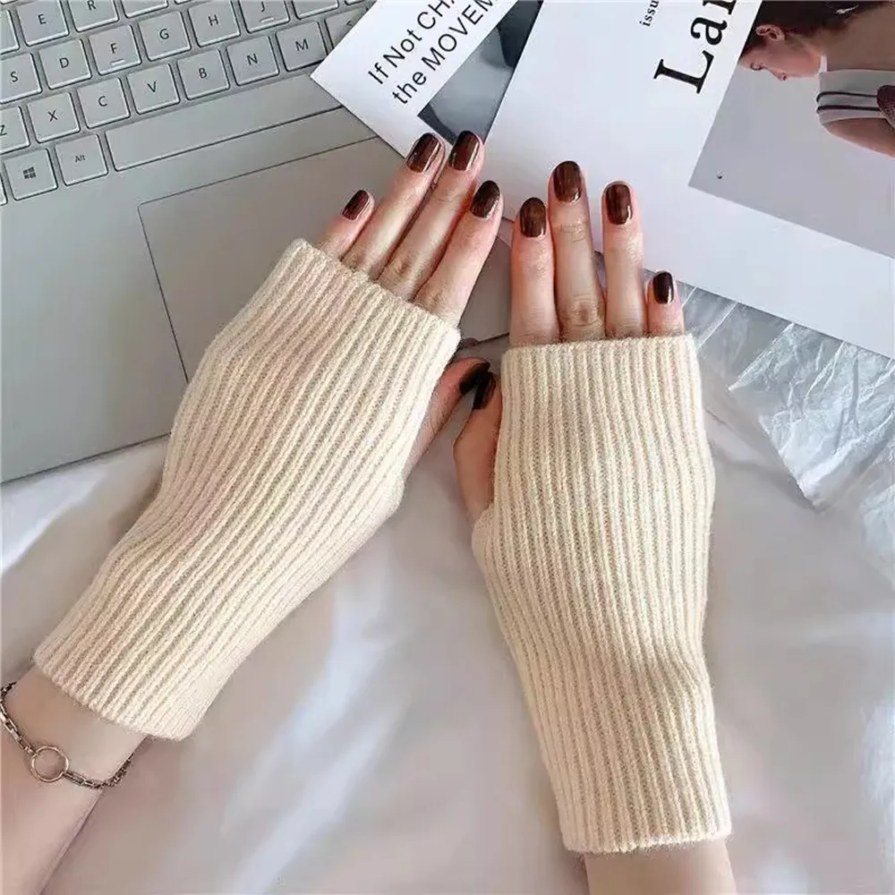 Women Trendy Warmer Gloves Winter Short Arm Sleeves Solid Knitted Half Finger Gloves Faux Wool Mittens Fingerless Hand Warmer