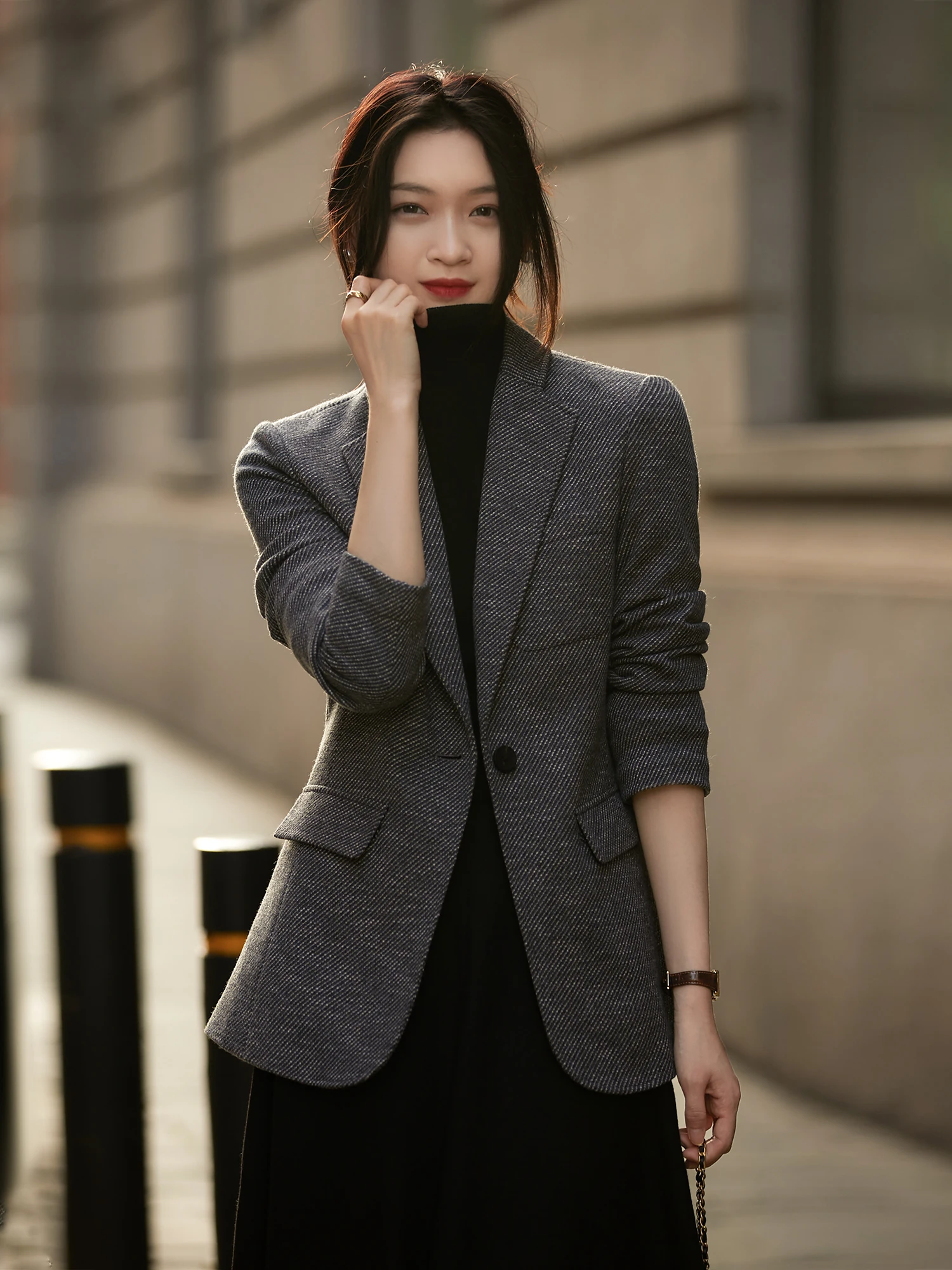 

Ele шерстяной костюм Jaet, женский повседневный костюм на одной пуговице с лацканами из полиэстера, коричневый, хаки, осенняя коллекция с цветочным ушком