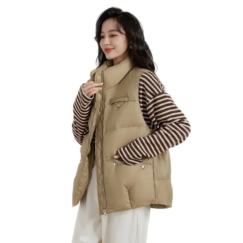 Women White Duck Down Vest Short Stand Collar Waistcoat Woman Fashion Outerwear Sleeveless Jackets chaquetas para mujer JK-139