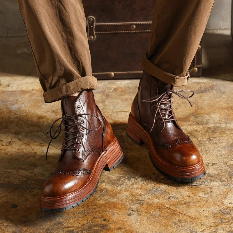 Men's Genuine Leather Motorcycle Boots Carving Brogue Shoes British High-top Loafers Mid-calf Thick Heel Western Chelsae Boots