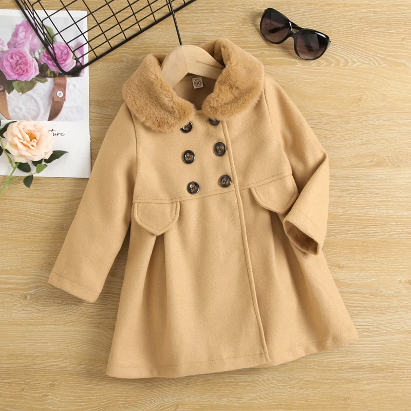 

Girls Woolen Coat Jacket Cotton Outwear Overcoat 2022 Brown Warm Thicken Plus Velvet Winter Autumn High Quality Children's Cloth