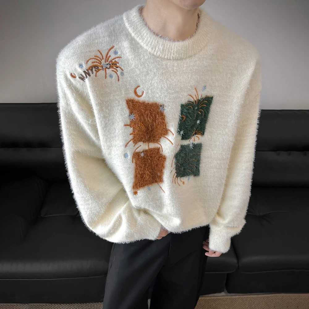 

Winter New Men's Long-Sleeved Embroidered Sweater American Retro Fashion Trendy High Street Loose Simple Casual Niche Men's Top