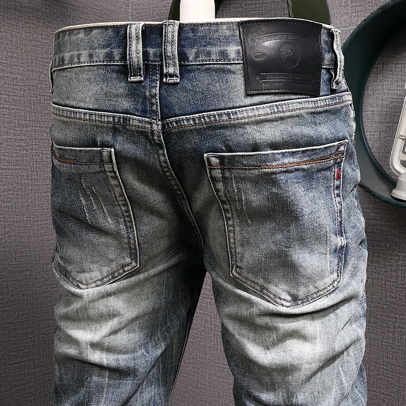 Italian Style Fashion Men Jeans Retro Blue Slim Fit Elastic Trousers Casual Ripped Jeans Men Vintage Designer Denim Pants Hombre