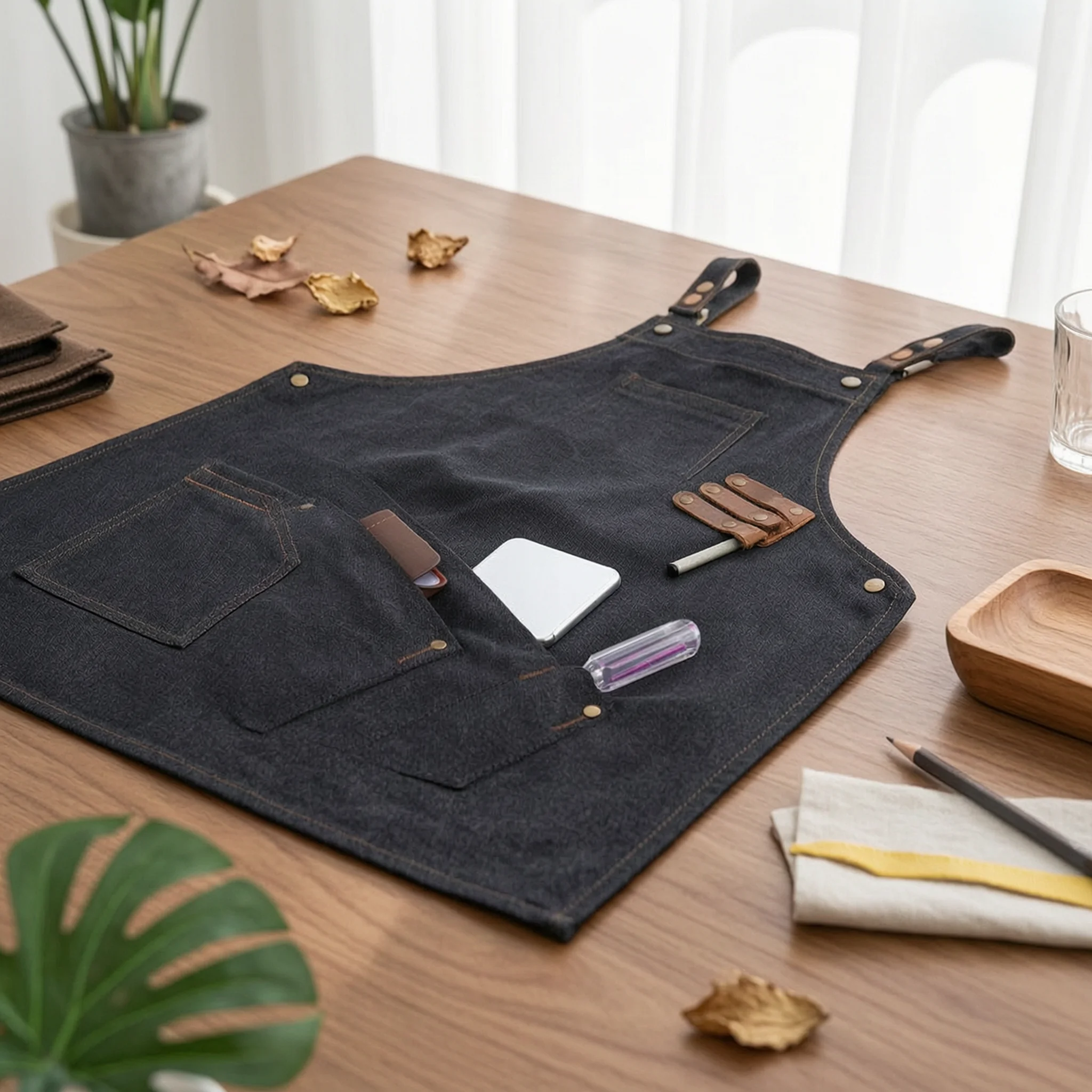 Woodworking Apron - ผ้ากันเปื้อนแบบมีสายหนัง ผ้ากันเปื้อนผ้าแคนวาสทนทานพร้อมกระเป๋าหลายช่องเสริมความแข็งแรงสำหรับช่างไม้, เวิร์คช็อป, คาเฟ่