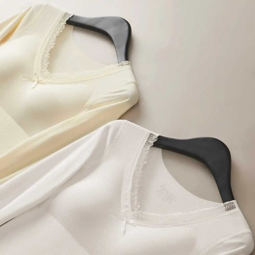 

Женская термоодежда из шерсти с кружевом, невидимый V-образный вырез, термобелье с эффектом шерстяного флиса, согревающее, теплые длинные топы для осени/зимы