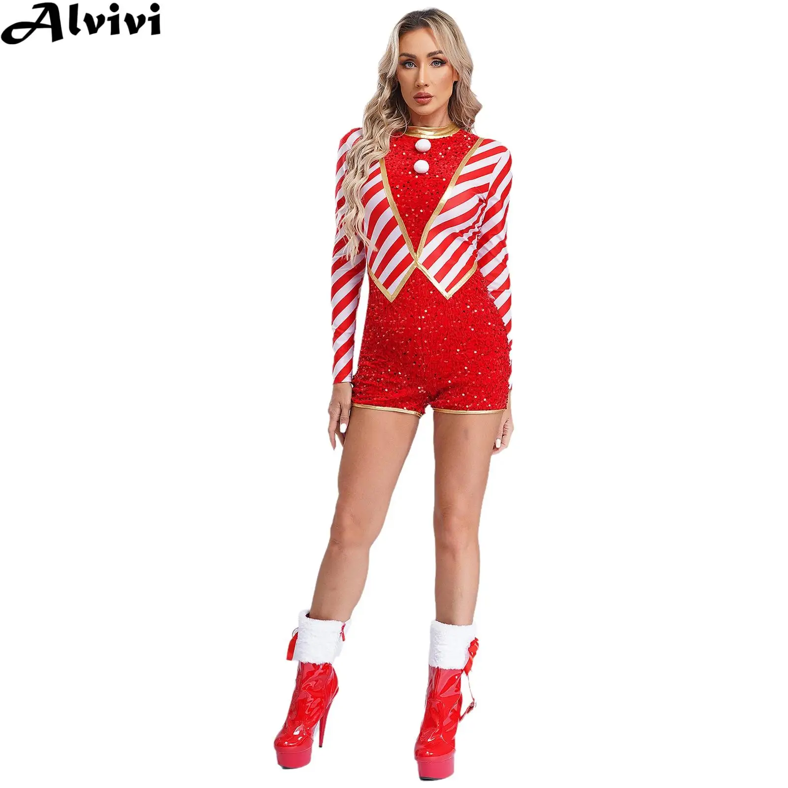 Women Christmas Ballet Dance Gymnastics Leotard Xmas Theme Party Cosplay Costume Long Sleeve Candy Cane Stripe Sequin Bodysuit