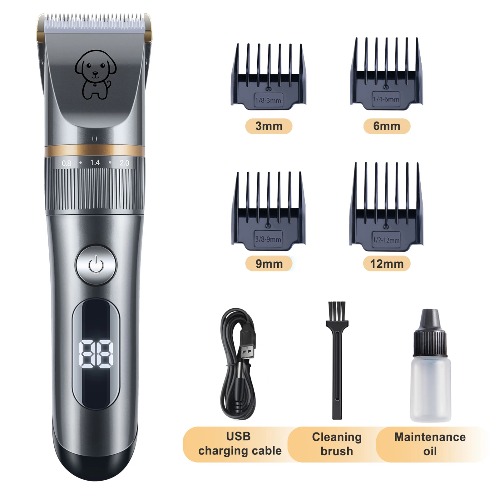 Quiet Pet Hair Clipper with Comb Cat Trimmer Grooming Kit 5 Speed Shavers Long Hair Cutter for Pet USB Waterproof