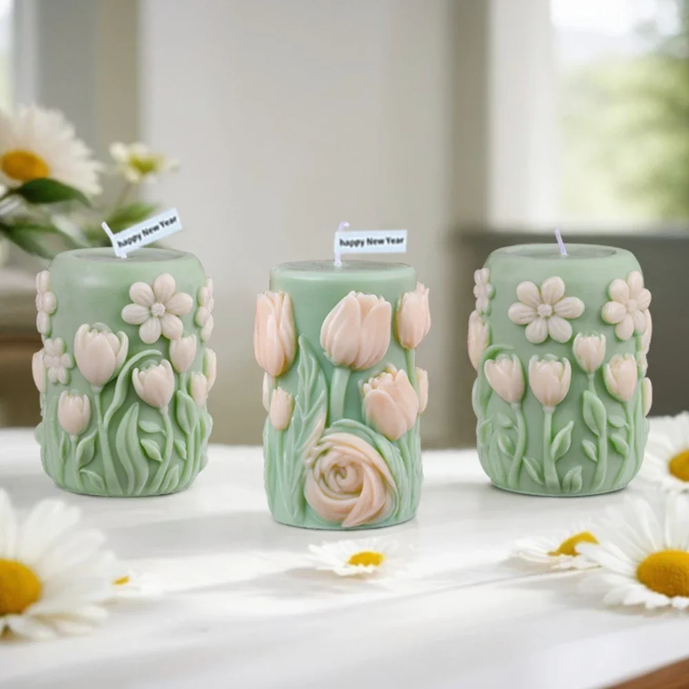 Relief Daisy Pillar Silicone Mold for Scented Candle Tulip Cylinder Gypsum Soap Moulds Flower Geometry Party Decor Gifts for Mom