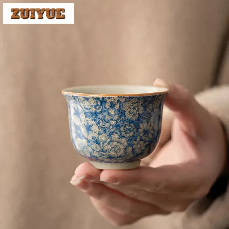 70ml Ceramic Teacup Zen Retro Lapis Lazuli Master Cup Tea Set Ceremony Accessories Blue and White Ru Kiln Ice Crackle Tea Bowl