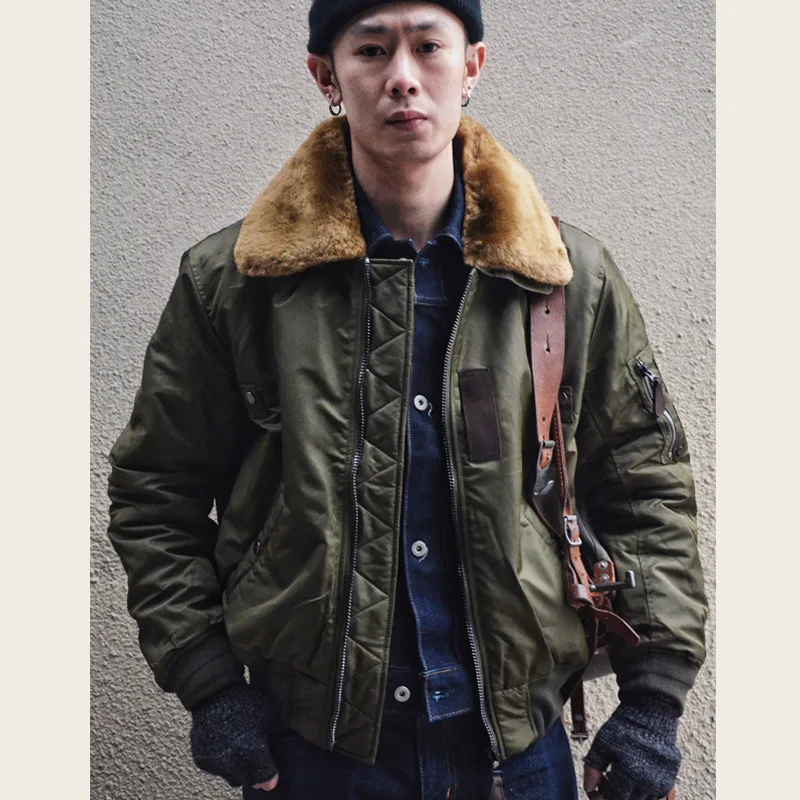 Amekaji American Vintage B-15 Flight Jacket - Vintage Cotton Workwear Parka with Thickened Padding Men's Winter Bomber Coat