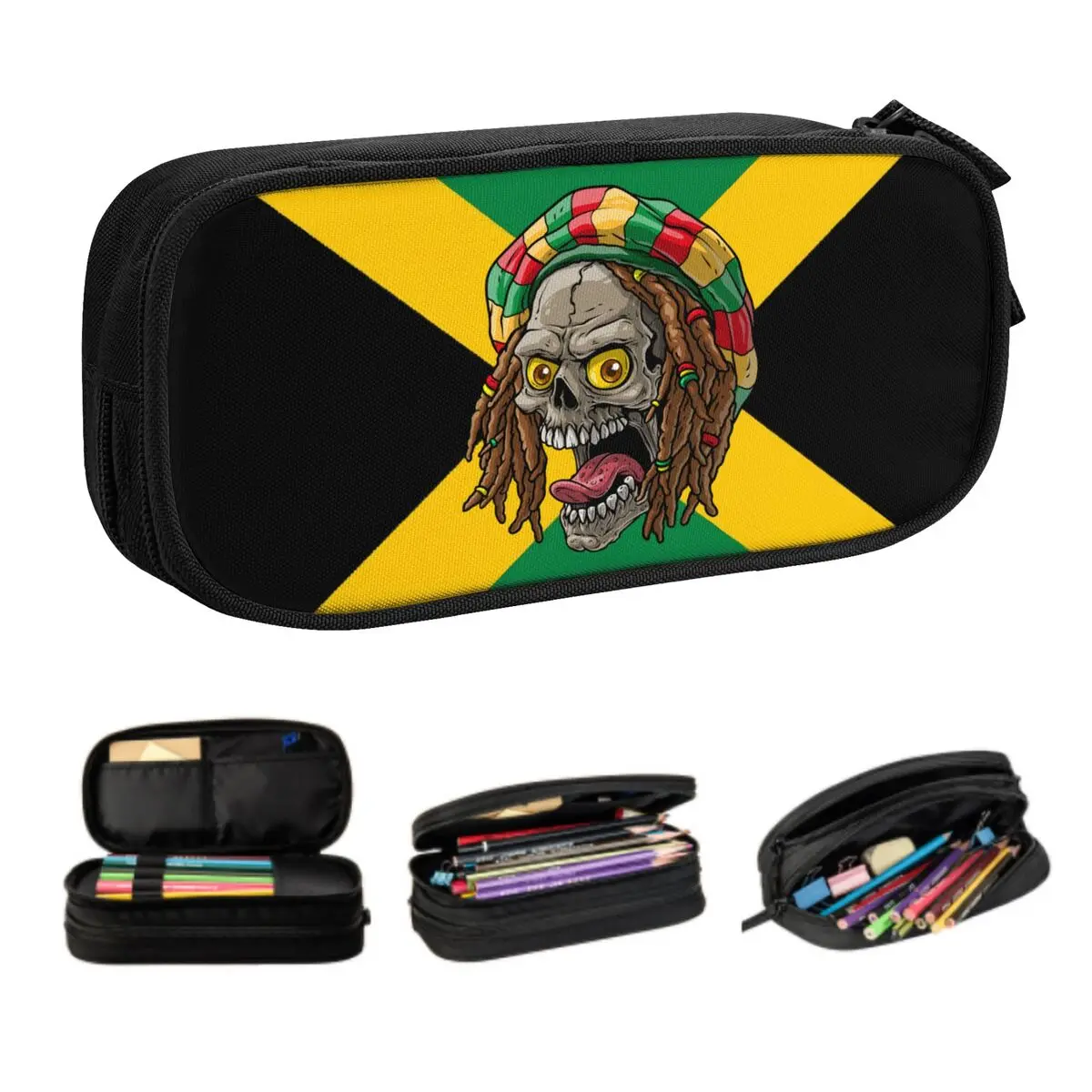 Fashion Jamaica Rasta Skull Customized Kawaii Pencil Cases Boys Gilrs Large Capacity Jamaican Pencil Pouch Students Stationery