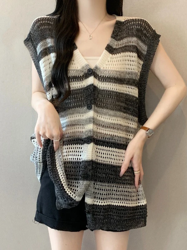 Ladies' V-neck Striped Knitted Vest Summer 2026 New Style Lazy Style Hollow out Top plus Size Casual Wear A-line Narrow Strap
