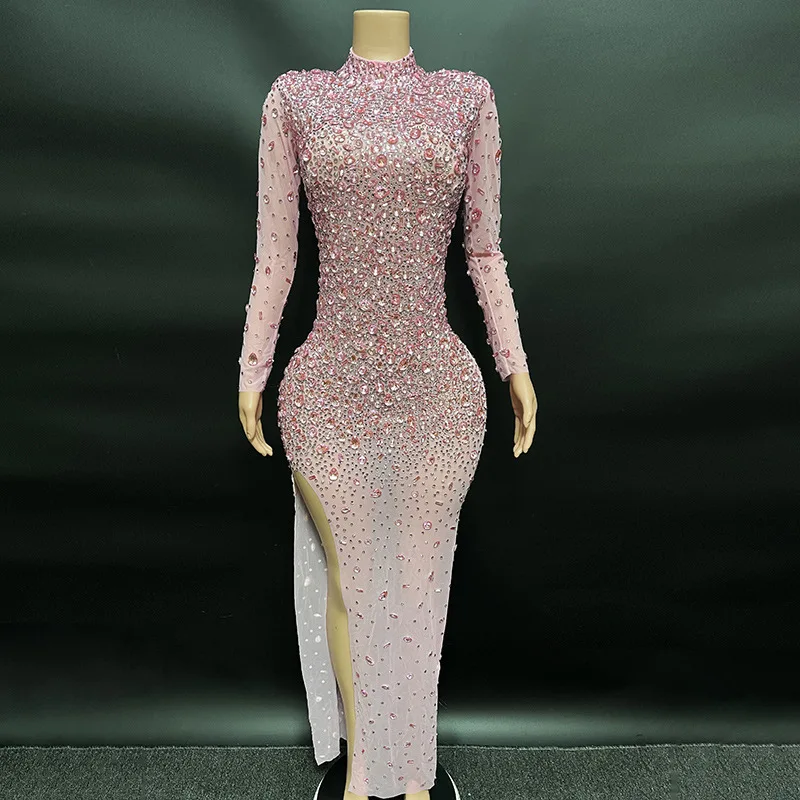 Shiny Pink Diamond Side Split Evening Dress-Elegant Long Sleeve Slim Gown for Special Occasions & Hot Party Events  party dress