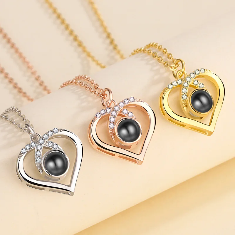 S925 Silvery Custom Color Picture Projection Zircon Love Heart Necklace For Mom Girlfriend Valentine Mother Day Romantic Gifts