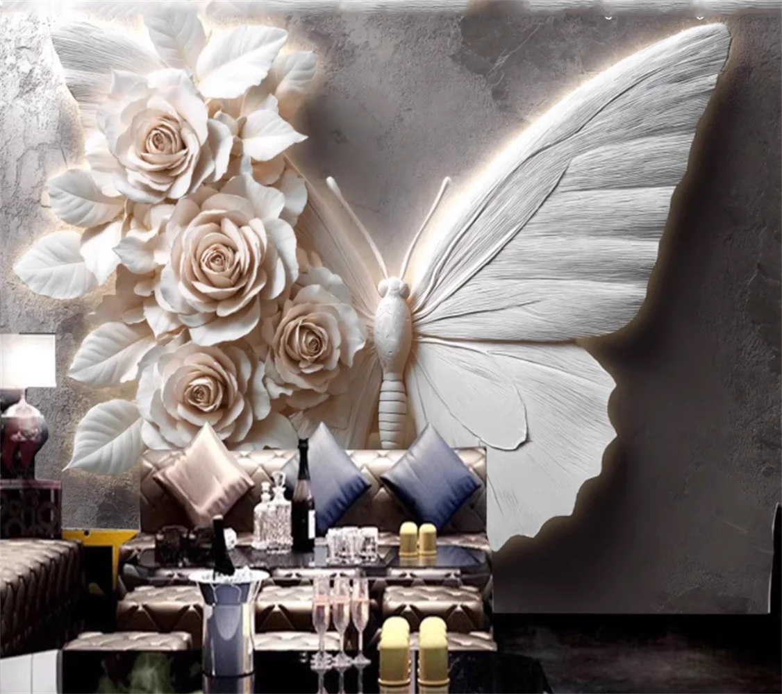 custom relief butterfly wall paper KTV bar decoration mural convex wall cloth internet famous background rose flower wallpaper